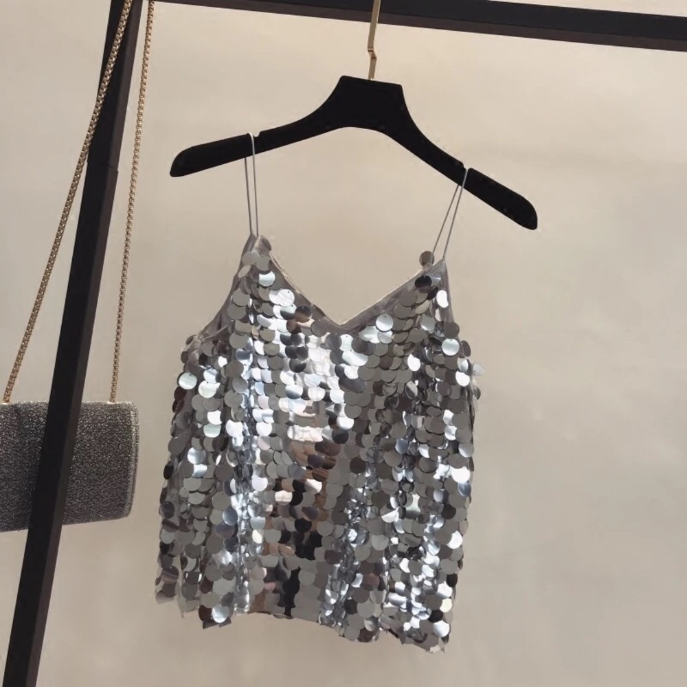 Rave Party Sequin Iridescent Chain Top Silver